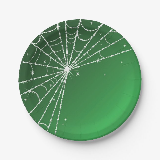 Green und White Sparkling Diamond Spider Web Pappteller (Vorderseite)