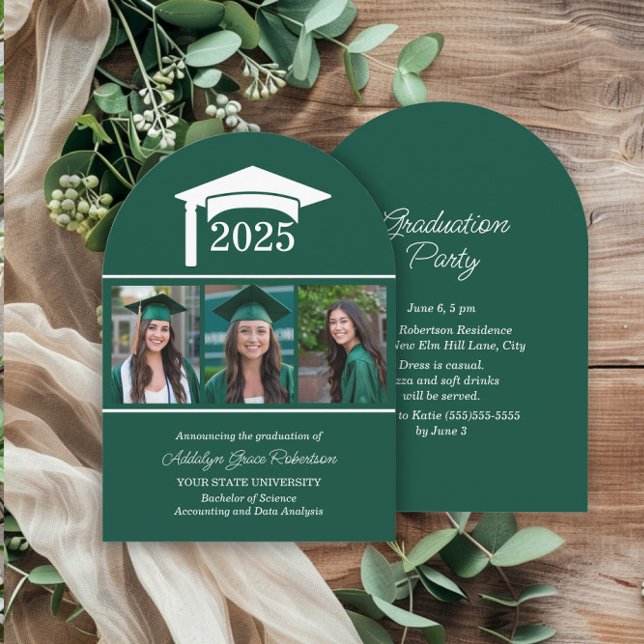 Green Uni University 3 Foto Arch Abschluss Einladung (Green 3-photo arch-shaped graduation party invitation)