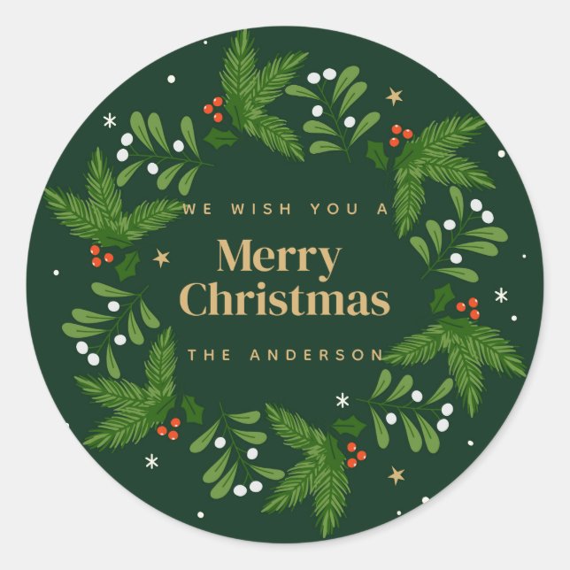 Green Verlass Snowflake Frohe Weihnachten Runder Aufkleber (Vorderseite)