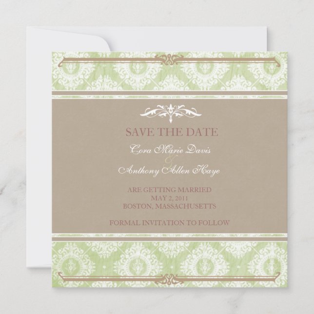 Green Victoria Damask Save the Date Karte (Vorderseite)