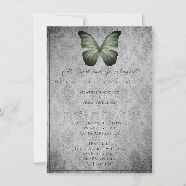 Green Vintag Butterfly Damask Probe Dinner Einladung (Vorderseite)