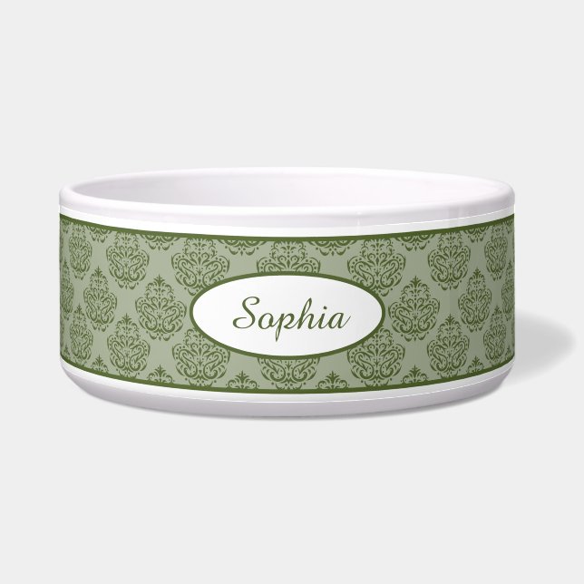 Green Vintag Damask Muster mit Individuelle Name Napf (Vorderseite)