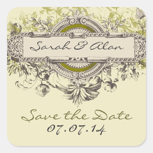 Green Vintag Floral Save the Date Aufkleber (Vorderseite)