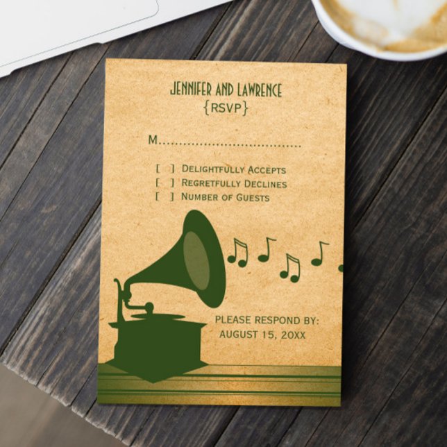 Green Vintag Gramophon Response Card RSVP Karte (Green vintage gramophone wedding response card)