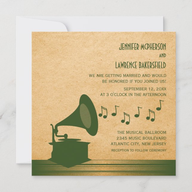 Green Vintag Gramophone Wedding Einladung (Vorderseite)