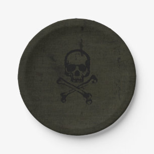 Green Vintag Grunge Skull Crossbones Halloween Pappteller