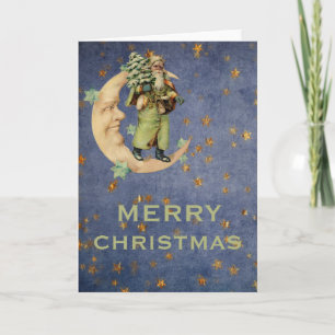 Green Vintag Santa Crescent Moon Starry Night Feiertagskarte