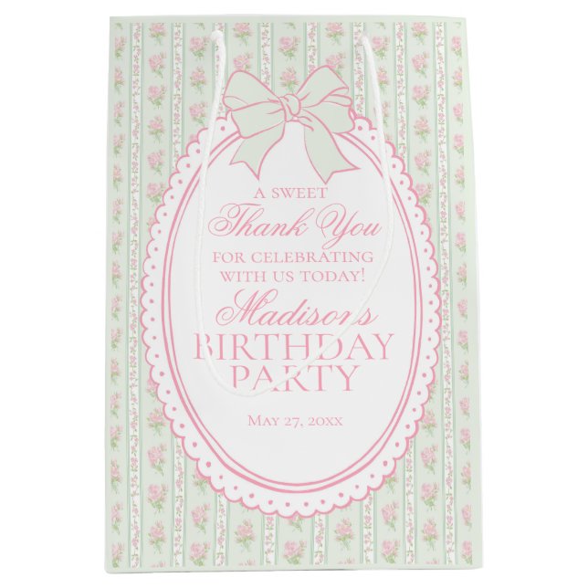 Green Vintage Fancy Floral Birthday Party Favors Mittlere Geschenktüte (Vorderseite)