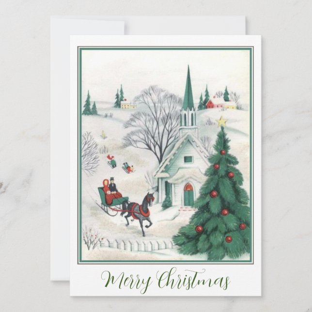 Green Vintage Weihnachts-Pferd Schlitten Feiertagskarte (Vorderseite)