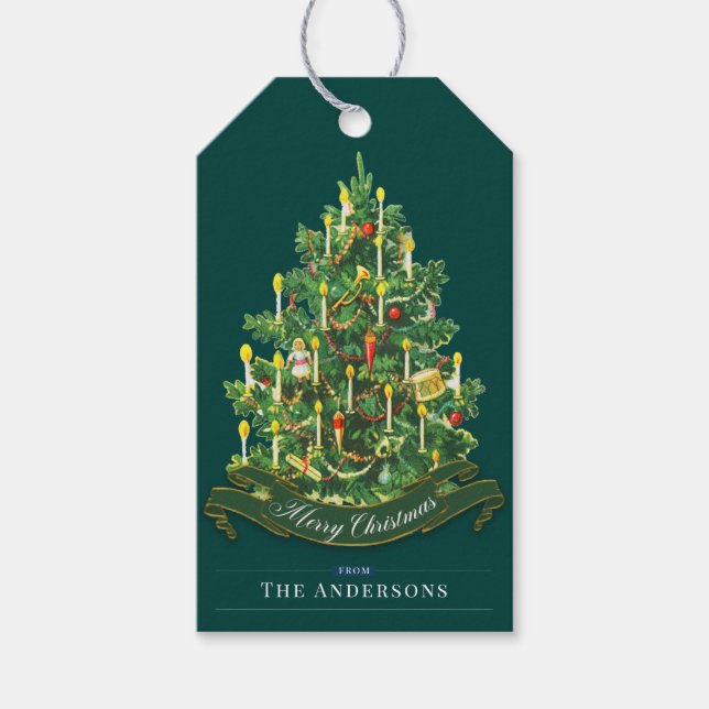 Green Vintage Weihnachtsbaum Einfach Custom Geschenkanhänger (Vorderseite)
