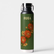 Green Water Bottle with red flowers