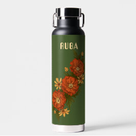 Green Water Bottle with red flowers Trinkflasche