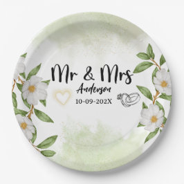Green Water Color Floral Mr. and Mrs. Wedding Pappteller