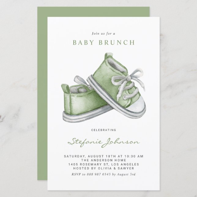 Green Watercolor Baby Shoes Baby Brunch Einladung (Vorne/Hinten)