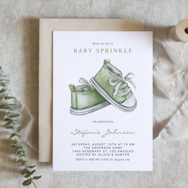 Green Watercolor Baby Shoes Baby Sprinkle Einladung (Von Creator hochgeladen)