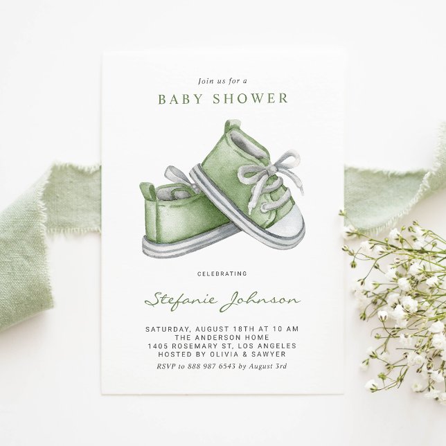 Green Watercolor Babyschuhe Kinderdusche Einladung (Von Creator hochgeladen)
