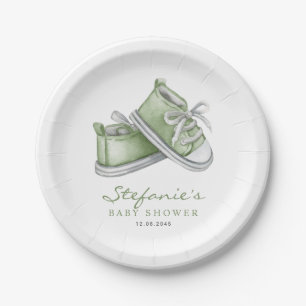 Green Watercolor Babyschuhe Kinderdusche Pappteller