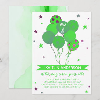 Green Watercolor Balloons Girl 7th Birthday Party  Einladung