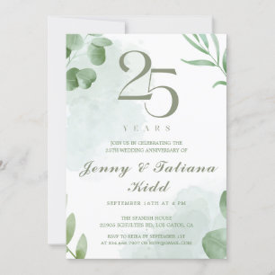 Green Watercolor Blätter 25. Hochzeitstag Einladung