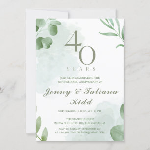 Green Watercolor Blätter 40. Hochzeitstag Einladung
