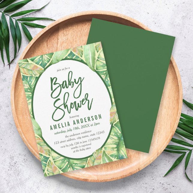 Green Watercolor Blätter Tropical Baby Shower Einladung (Von Creator hochgeladen)