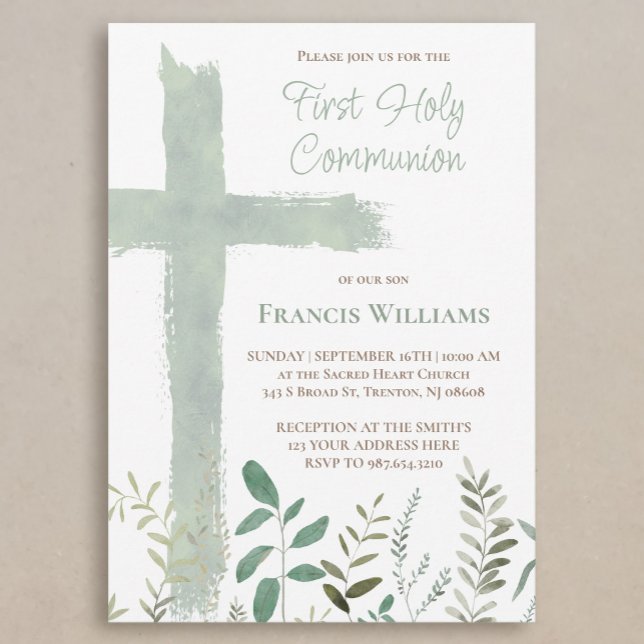 green watercolor cross First Communion Einladung (Von Creator hochgeladen)