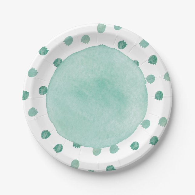 Green Watercolor Dinosaur Babydusche Pappteller (Vorderseite)