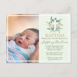 Green Watercolor Floral Faux Gold Photo Baptism Einladungspostkarte