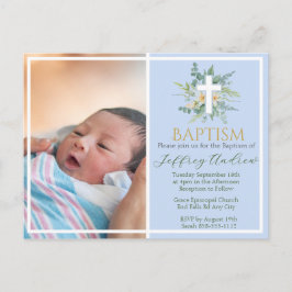 Green Watercolor Floral Faux Gold Photo Baptism Einladungspostkarte