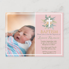 Green Watercolor Floral Faux Gold Photo Baptism Einladungspostkarte