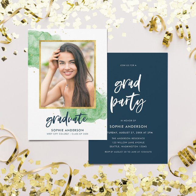 Green Watercolor Gold Foto Graduate Grad Party Einladung (Von Creator hochgeladen)