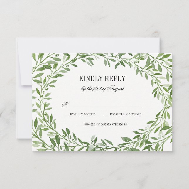 Green Watercolor Laurel Leaf Wreath Wedding RSVP (Vorderseite)