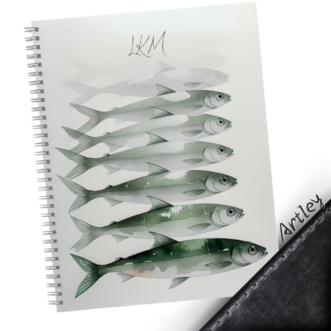 Green Watercolor Sardine Art Custom Monogram Name Notizbuch (Von Creator hochgeladen)