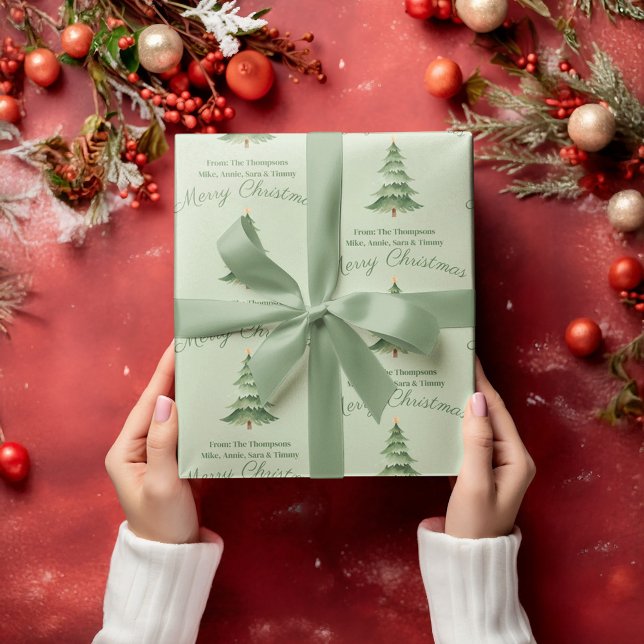 Green Watercolor Tree Custom Christmas Geschenkpapier Set (Green Christmas Tree Custom Merry Christmas Wrapping Paper.)