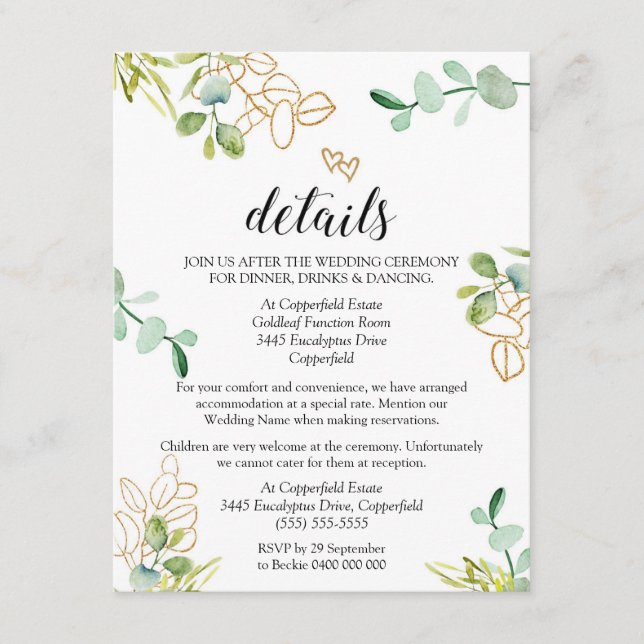 Green Wedding Details Eintrittskarte Eukalyptus Begleitkarte (Vorderseite)