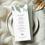Green Wedding Foliage Menu Card Menükarte<br><div class="desc">Mit dieser modernen und vereinfachenden Hochzeitskarte können Sie den Ton für Ihre Frühlings-, Sommer- oder Herbstfeiern setzen. Mit minimalistischen botanischen Blätter in sanftem Salbei-Grün verbindet dieses Design minimalistische Schönheit mit zeitloser Eleganz. Passen Sie die Vorlage einfach mit Ihren Menüpunkten, Namen und Veranstaltungsdatum an, sodass sie sich ideal für Hochzeiten, Proben...</div>