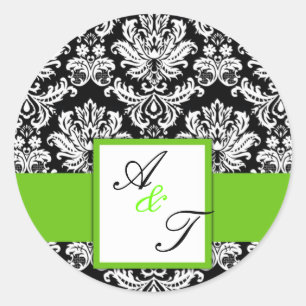 Green Wedding Monogram Damask Siegel Runder Aufkleber