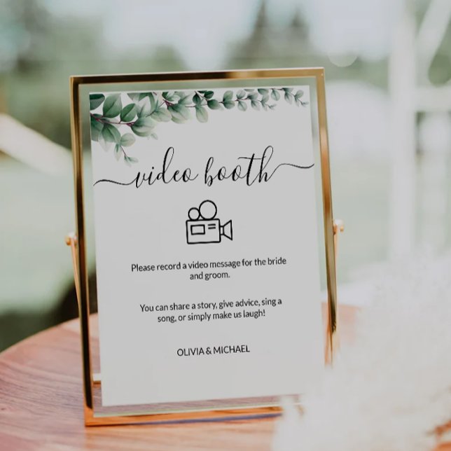 Green Wedding Video Booth Sign, zeitgenössisch Sockelschild (Green Wedding Video Booth Sign, contemporary Pedestal Sign)
