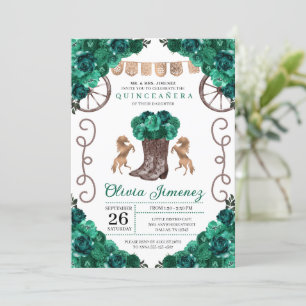 Green Western Charra Floral Boots Quinceañera Einladung