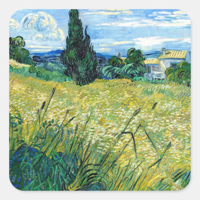 Green Wheat Field with Cypress (1889) Van Gogh art Quadratischer Aufkleber (Vorderseite)