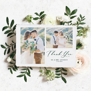 Green Whimsical Calligraphy Foto Collage Wedding Dankeskarte