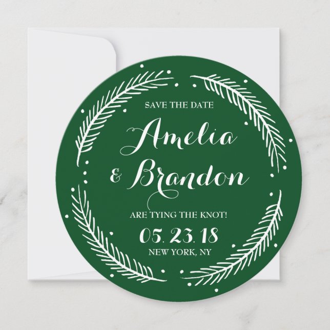 Green Whimsical Winter Kranz Save the Date Karte (Vorderseite)