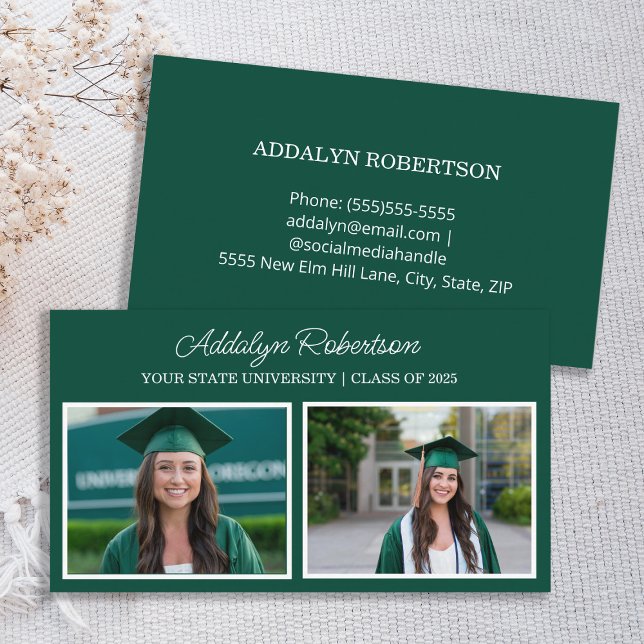 Green White 2 Foto Graduate Name Card Visitenkarte (Green and white 2-photo graduate business card)