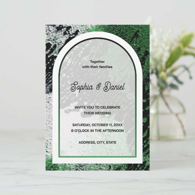 green white and black abstract fractal art wedding einladung (Stehend Vorderseite)