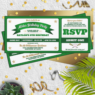 Green & White Baseball Allstar Ticket Birthday Einladung