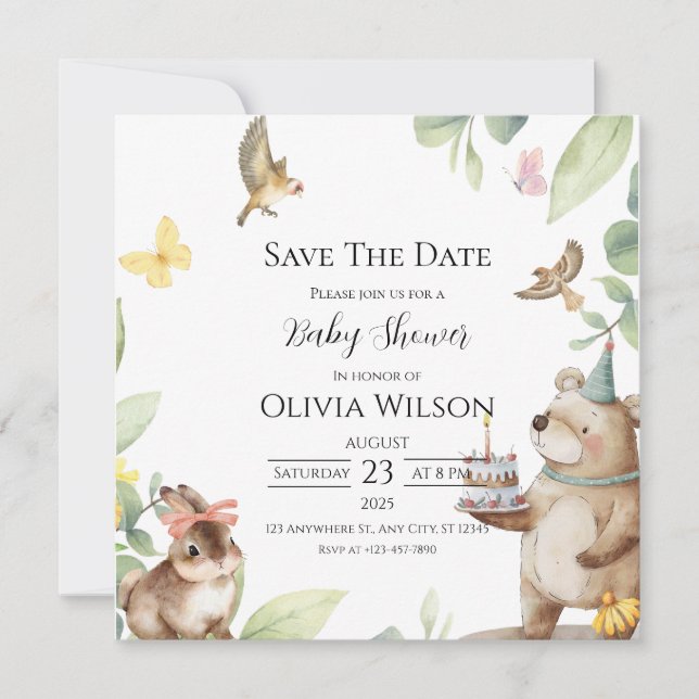 Green White Bird Babydusche Save the Date Karte (Vorderseite)