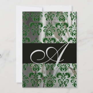 GREEN WHITE BLACK SILK DAMASK MONOGRAM SILVER EINLADUNG