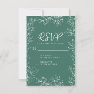 ]Green White Botanical Line Art Wedding RSVP Karte