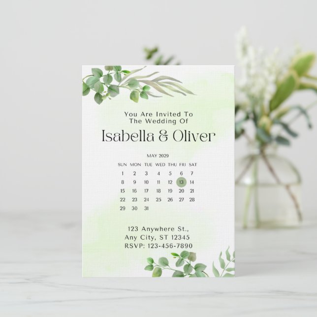 Green & White  Botanical Wedding invitation Einladung (Stehend Vorderseite)