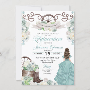 Green White Cacti Western Boots Charra Quinceañera Einladung